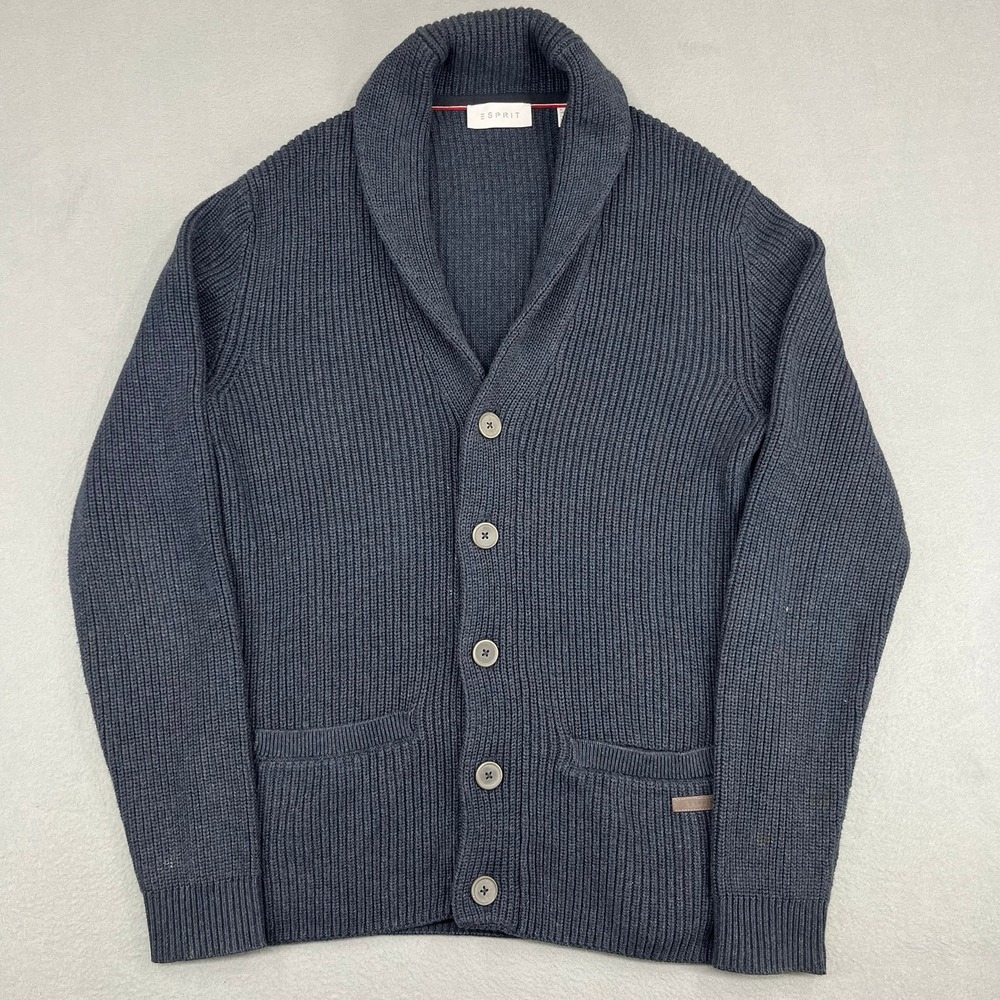 Esprit Mens Shawl Collar Cardigan Sweater Navy Blue Ribbed Knit Vtg